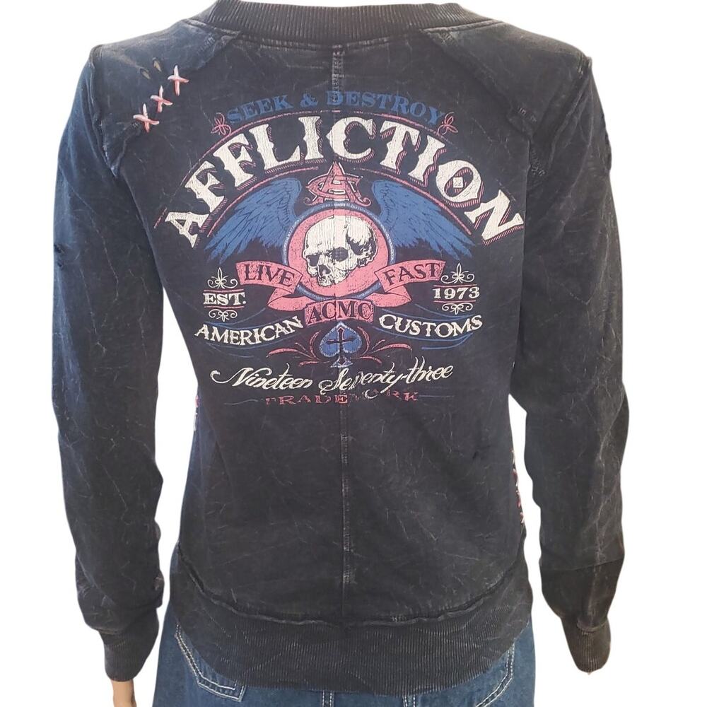Vintage Y2K Affliction Distressed Skull Wing Mineral Wash Sweatshirt Women's M - Picture 2 of 9